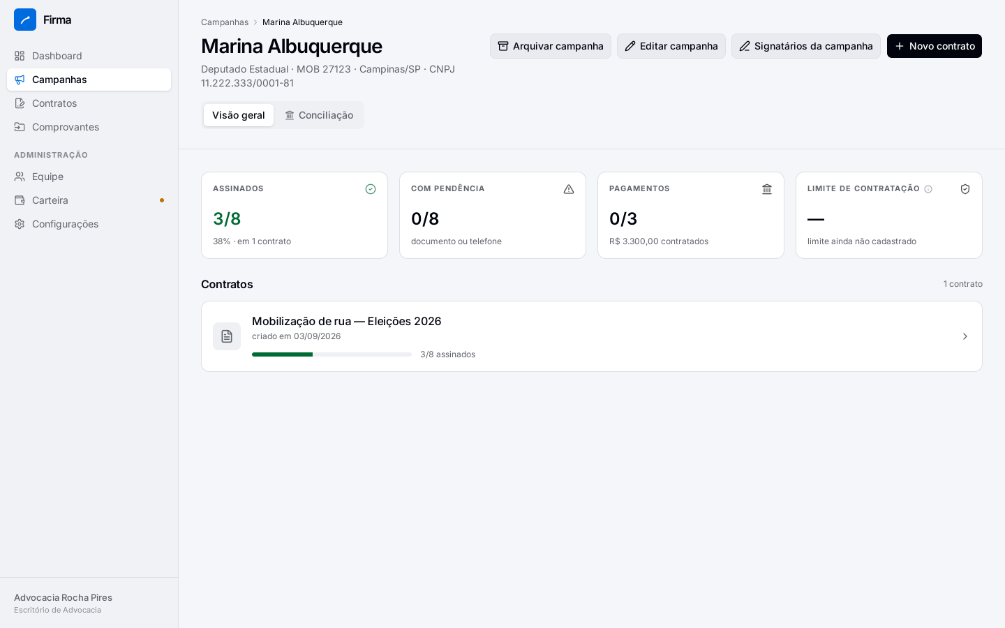 A página da campanha: a candidata, quem assina por ela e a lista de contratos.