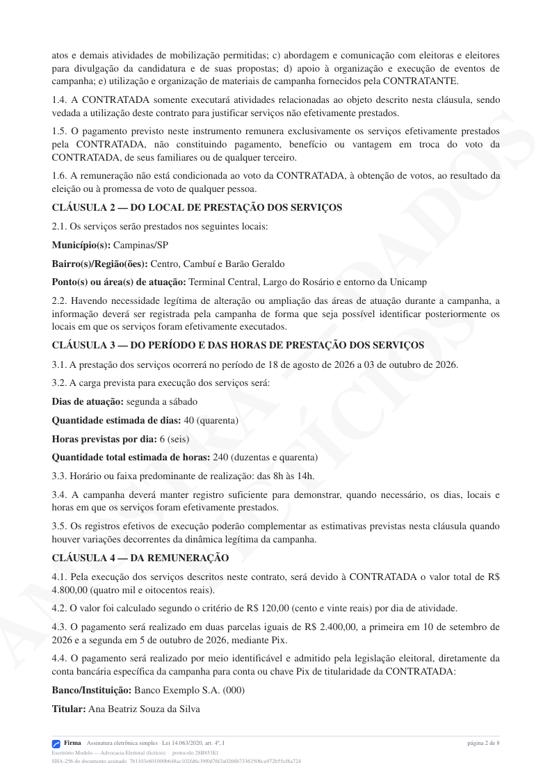 Página da via com as assinaturas das duas partes e os dados de cada signatário.